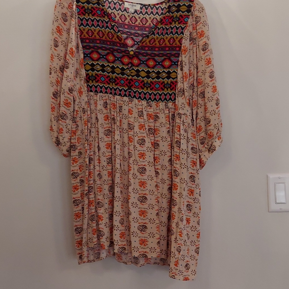 Umgee smock babydoll boho dress with fringed vest